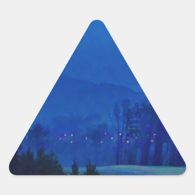 Twinkling Lights in a Blue Mountain Mist Triangle Sticker (Front)
