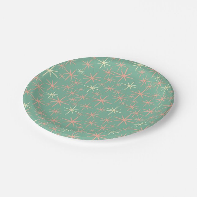 Twinkling Mid-Century Retro Atomic Stars Pink Teal Paper Plate (Angled)