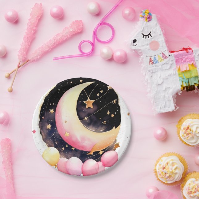 Twinkling Moon & Stars Baby Girl Shower Paper Plate (Party)