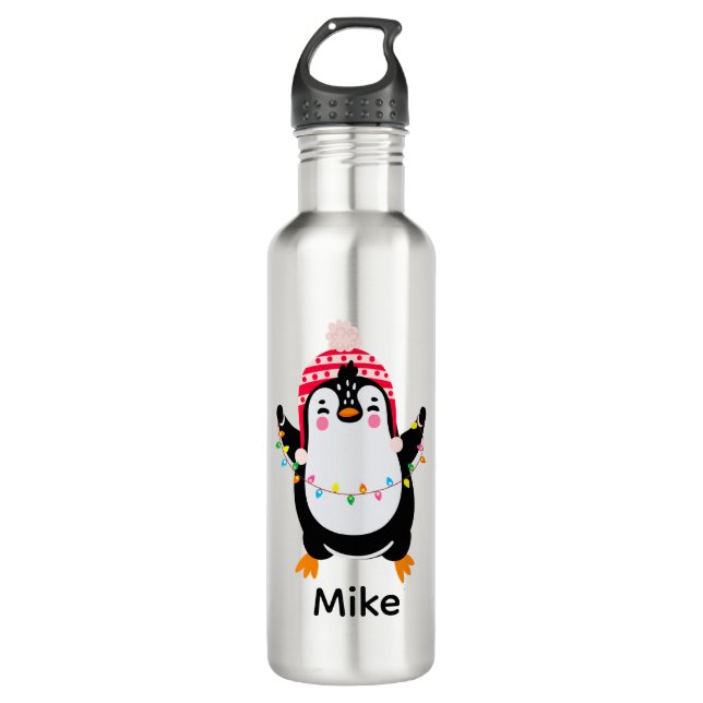 Twinkling Penguin with Christmas Lights 710 Ml Water Bottle (Front)