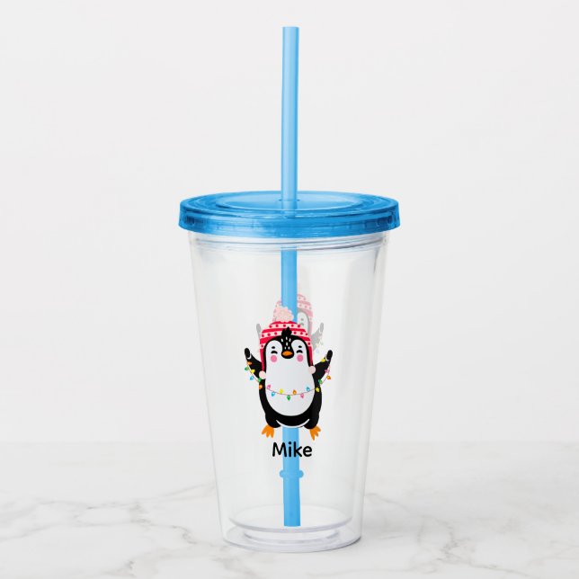 Twinkling Penguin with Christmas Lights Acrylic Tumbler (Front)