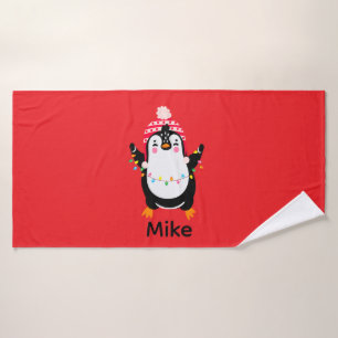 Twinkling Penguin with Christmas Lights Bath Towel