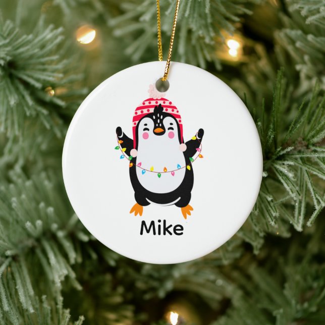 Twinkling Penguin with Christmas Lights Ceramic Tree Decoration (Tree)