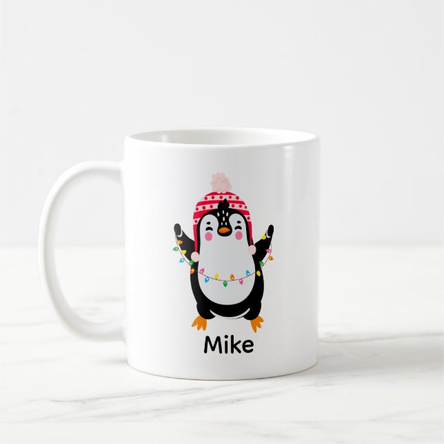 Twinkling Penguin with Christmas Lights Coffee Mug (Left)
