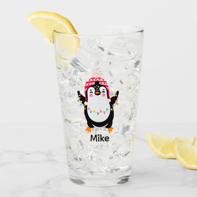 Twinkling Penguin with Christmas Lights Glass (Front Ice)