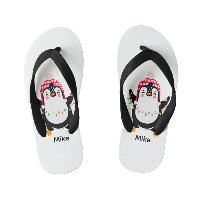 Twinkling Penguin with Christmas Lights Kid's Jandals (Footbed)