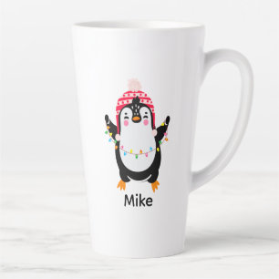 Twinkling Penguin with Christmas Lights Latte Mug