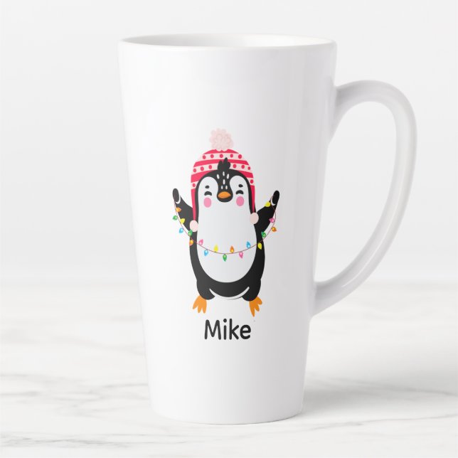 Twinkling Penguin with Christmas Lights Latte Mug (Right)