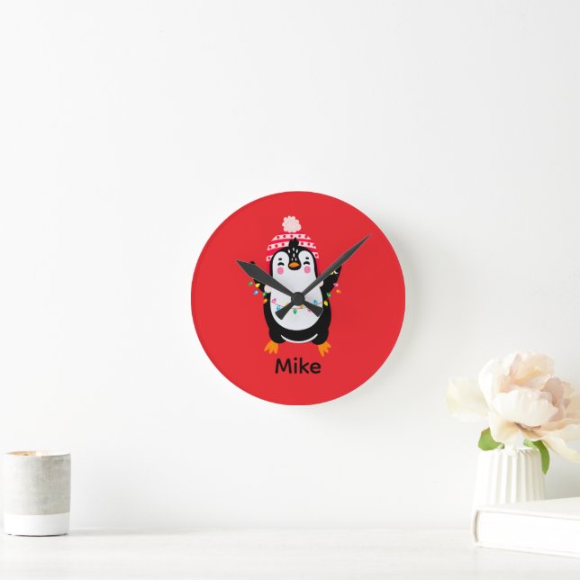 Twinkling Penguin with Christmas Lights Round Clock (Home)