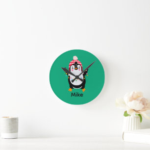 Twinkling Penguin with Christmas Lights Round Clock