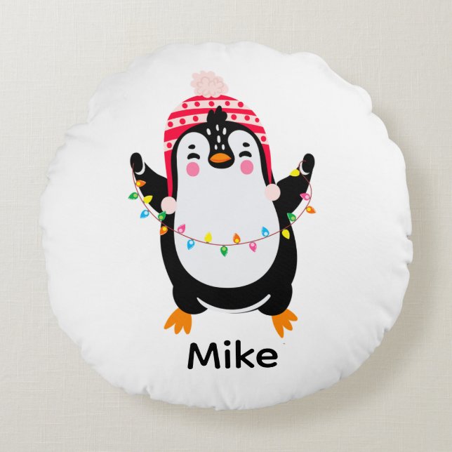 Twinkling Penguin with Christmas Lights Round Cushion (Front)