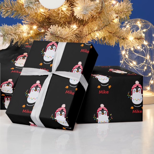 Twinkling Penguin with Christmas Lights Wrapping Paper (Holidays)
