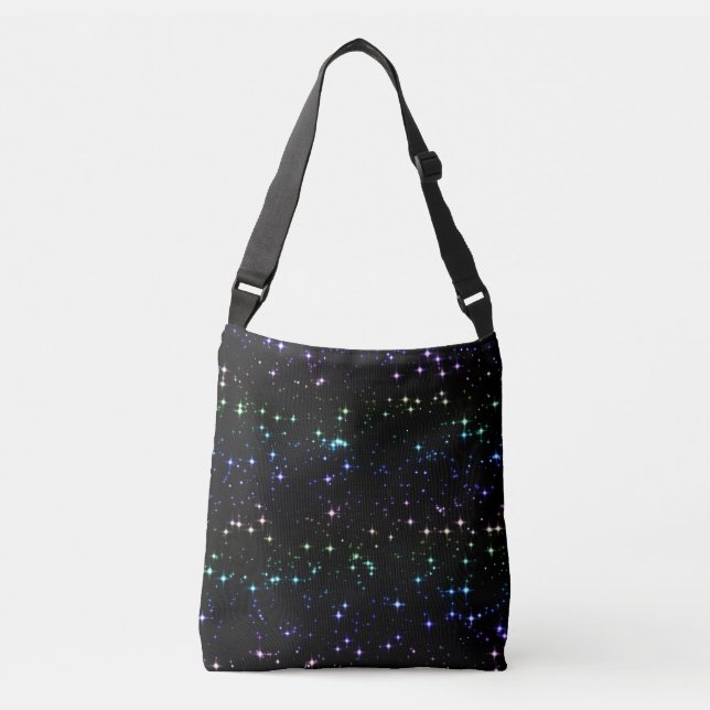 Twinkling Rainbow Glitter Stars in the Night Sky Crossbody Bag (Front)
