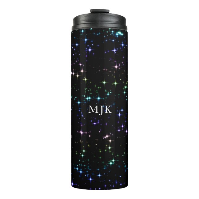 Twinkling Rainbow Glitter Stars in the Night Sky Thermal Tumbler (Front)