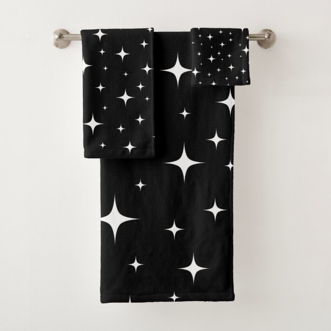 Twinkling stars black bath towel set (Insitu)