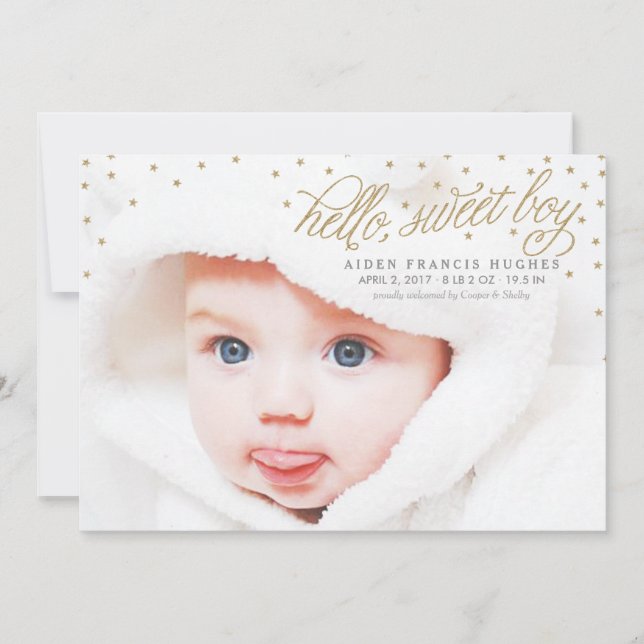 Twinkly Gold Stars Baby Boy Birth Announcement (Front)