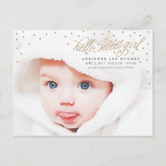 Twinkly Gold Stars Baby Girl Birth Announcement Postcard (Front)
