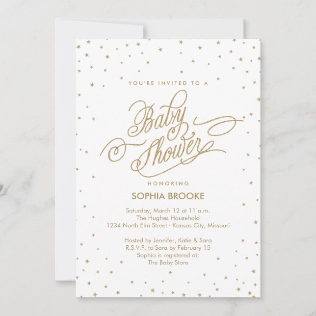 Twinkly Gold Stars Fancy Baby Shower Invitation (Front)