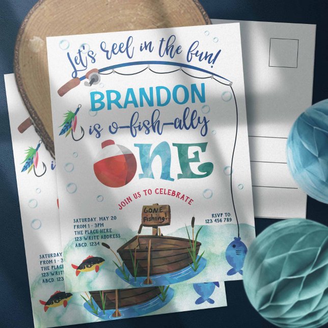 Twins 1st birthday O-fish-Ally, Little Fisherman Invitation Postcard (Fishing themed, o fish ally, 1st birthday postcard invitation. Gone fishing.)