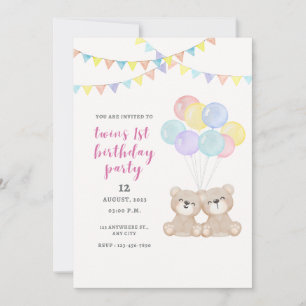 Twins 1st Birthday Party Invitation