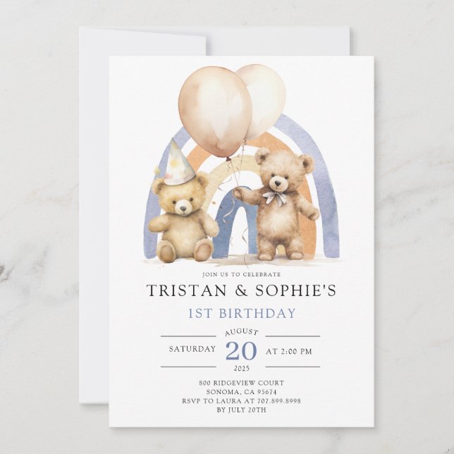 Twins 1st Birthday Watercolor Teddy Bears Balloons Invitation (Front)