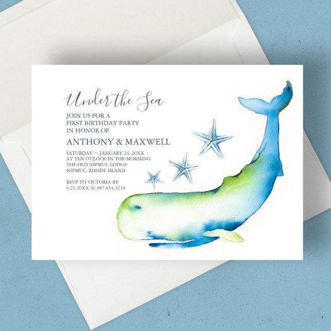 Twins 1st Birthday Watercolor Whale Starfish Invitation (1st birthday twins under the sea watercolor whale and starfish nautical blue)