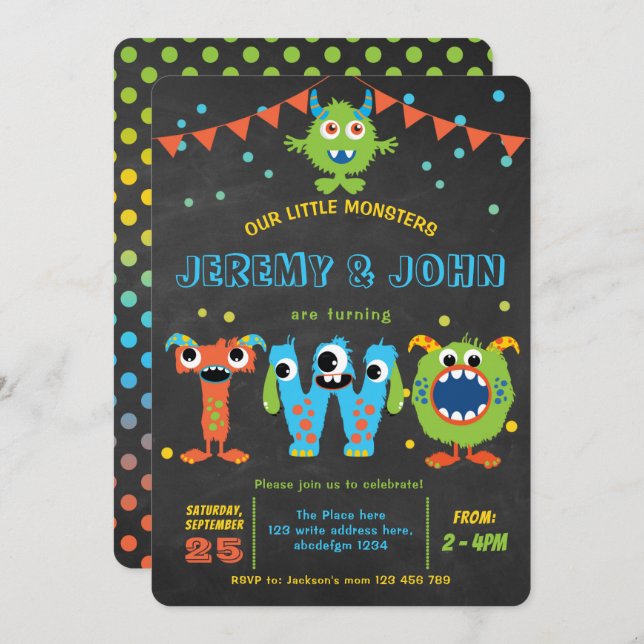 Twins 2nd Birthday cute little monster party Invitation (Front/Back)
