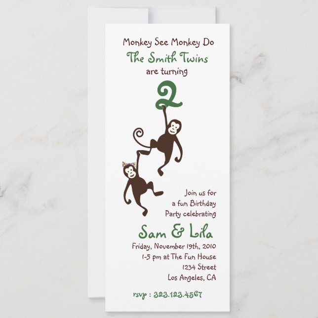 Twins 2nd Birthday, monkeys Invitation (Front)