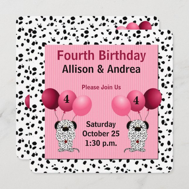 Twins 4th Birthday Party Dalmatians with Pink Invitation (Front/Back)