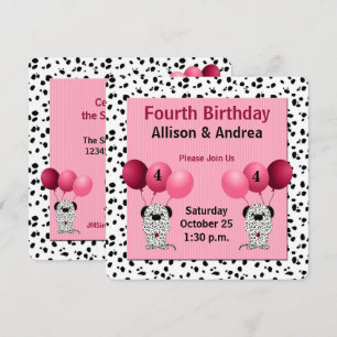 Twins 4th Birthday Party Dalmatians with Pink Invitation