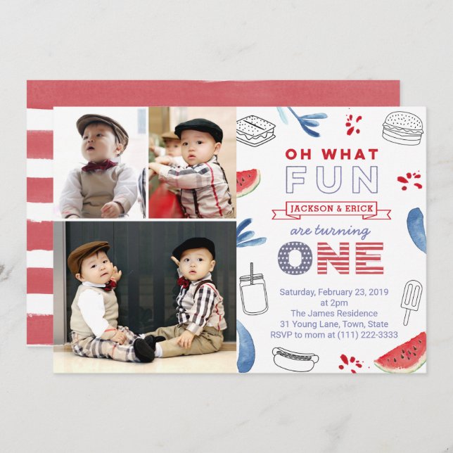Twins All American 1st Birthday Multiple Photos Invitation (Front/Back)