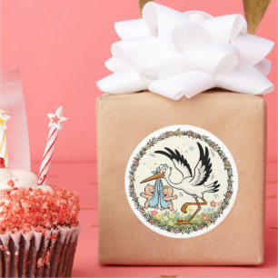 Twins and Stork Vintage Design Classic Round Sticker