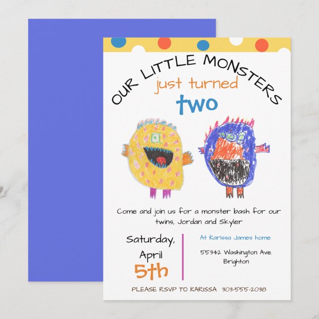 TWINS Any Age Yellow Monster Birthday Invitation (Front/Back)