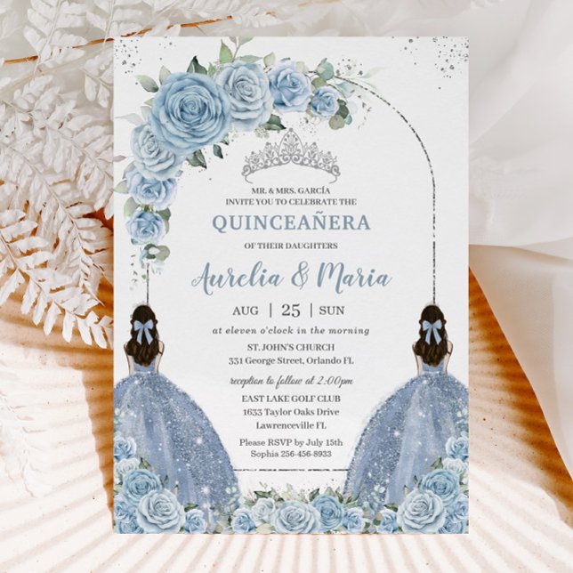 Twins Baby Blue Floral Dress Silver Quinceañera  Invitation (Creator Uploaded)