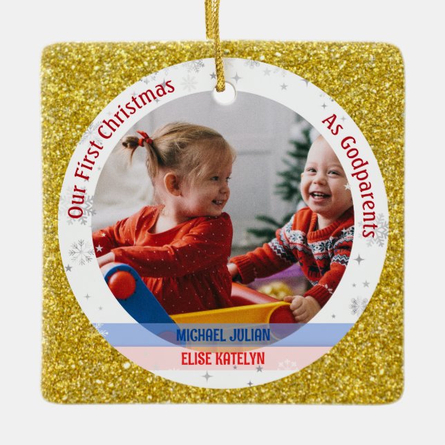 Twins Baby Boy Girl 1st Xmas As Godparents Photos Ceramic Ornament (Front)