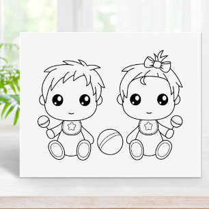 Twins Baby Boy Girl Colouring Page Rubber Stamp