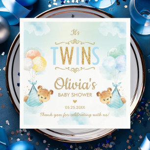 Twins Baby Boys Cute Bears Balloons Baby Shower Napkin