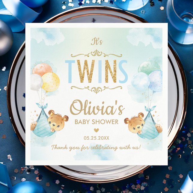Twins Baby Boys Cute Bears Balloons Baby Shower  Napkin (Creator Uploaded)