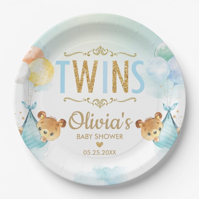 Twins Baby Boys Cute Bears Balloons Baby Shower Paper Plate (Front)