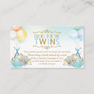 Twins Baby Boys Elephant Bring a Book Instead Enclosure Card