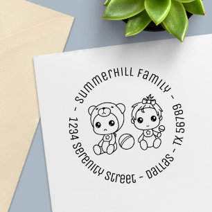 Twins Baby Girl Bear Family Round Address Self-inking Stamp