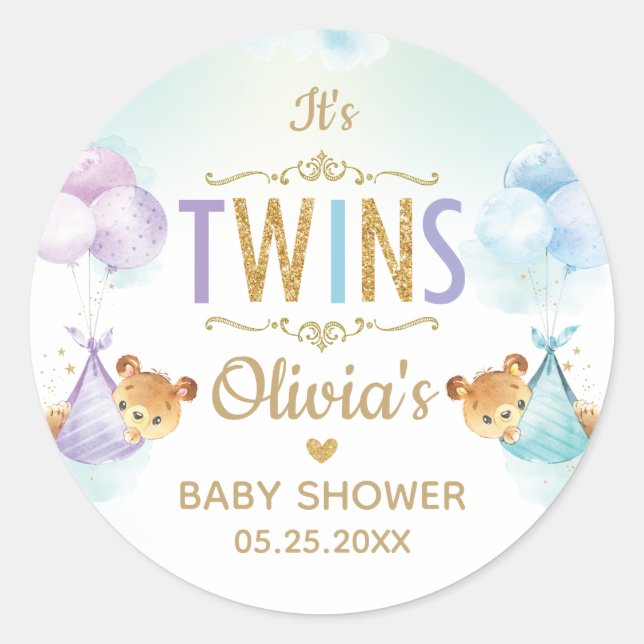 Twins Baby Girl Boy Bears Balloons Baby Shower Classic Round Sticker (Front)