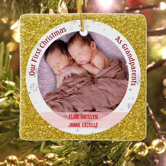 Twins Baby Girls 1st Xmas As Grandparents 2 Photos Ceramic Ornament (Elegant Modern Cute Golden First Christmas as Grandparents Twin Girls Photo Swaddled Babies Glitter)