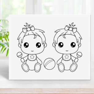 Twins Baby Girls Colouring Page Rubber Stamp