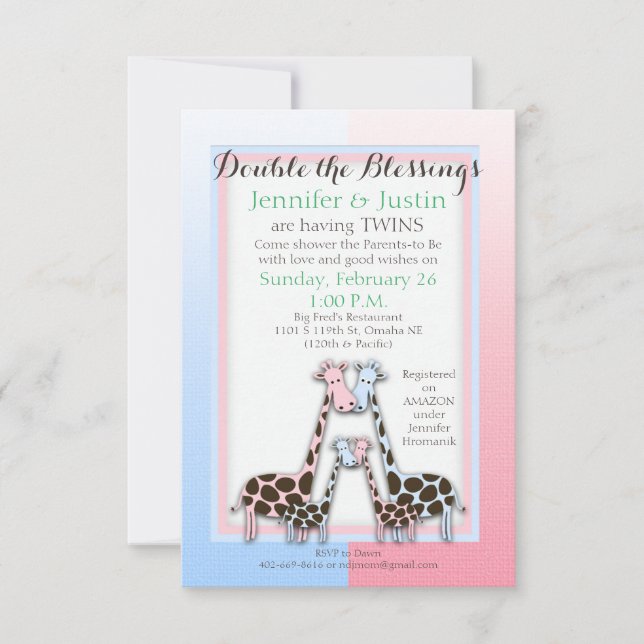 Twins Baby Shower Baby Girafes Blue and Pink (Jen) Invitation (Front)