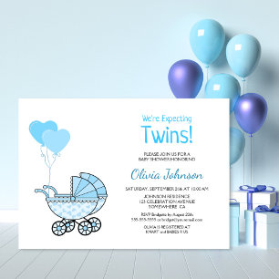 Twins Baby Shower Blue Balloons and Stroller Invitation