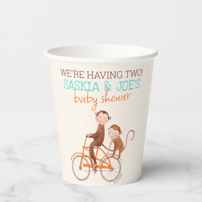Twins Baby Shower Cute Monkey Double Trouble  Paper Cups (Back)