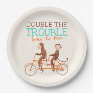 Twins Baby Shower Cute Monkey Double Trouble  Paper Plate
