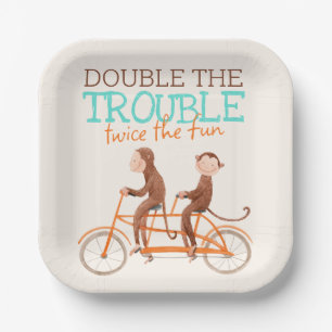 Twins Baby Shower Cute Monkey Double Trouble  Paper Plate
