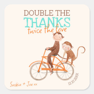 Twins Baby Shower Cute Monkey Double Trouble  Square Sticker